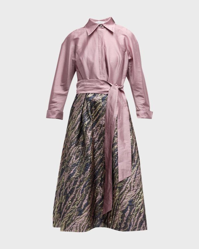 Belted Taffeta & Metallic Jacquard Midi Shirtdress